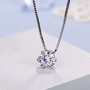 Sterling Silver Simulated Diamond Solitaire Necklace — 16” Chain — NEW